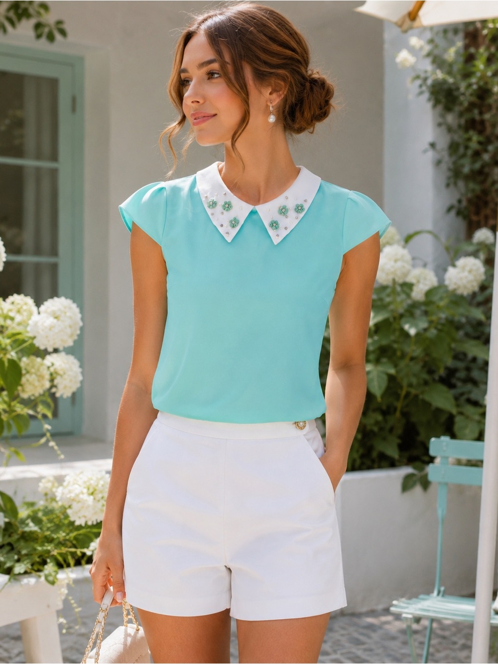 Aqua Sleeveless Top with Embellished Collar